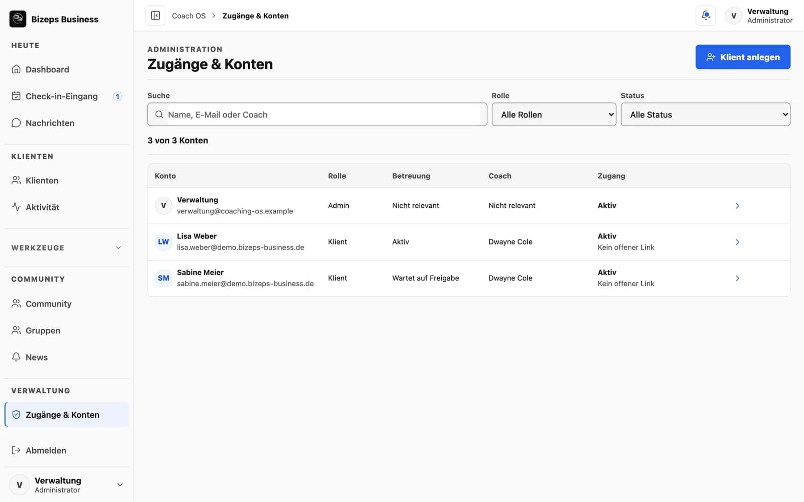 Ansicht eines gebauten Coaching-Betriebssystems mit Demo-Daten